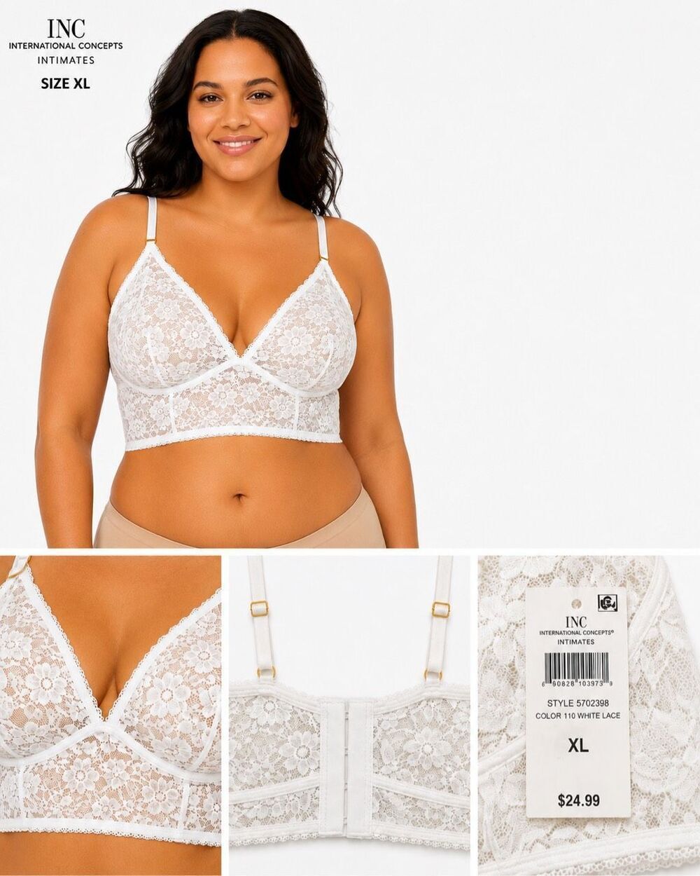 NWT I.N.C. International Concepts White Floral Lace Bralette XL Wirefree Sheer C